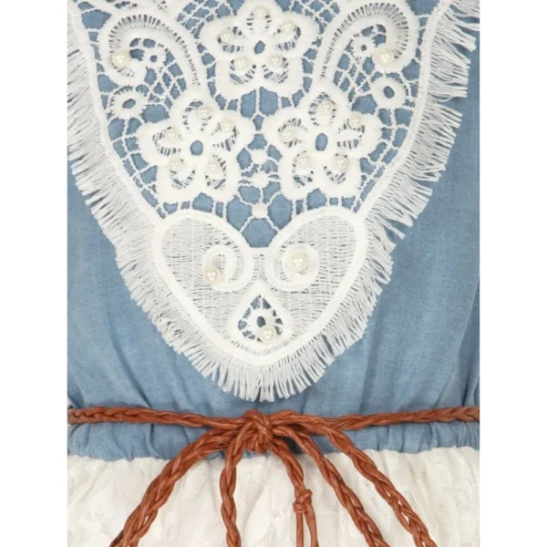 Girl's Denim Embroidery Short Sleeve Round Neck Dress (White) - Image 3