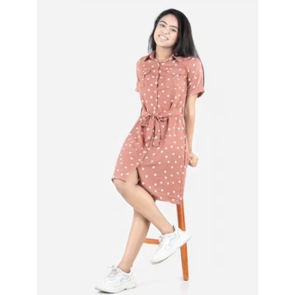 Girl's Polyester Printed Short Sleeve Shirt collar Dress (Brown) - Image 3