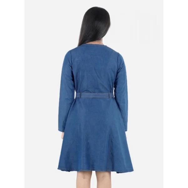 Girl's Denim Solid Long Sleeve Round Neck Dress (Blue) - Image 4