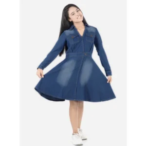 Girl's Denim Solid Long Sleeve Shirt collar Dress (Blue)