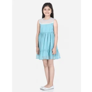 Girl's Polyester Dobby Floral Printed Sleeveless Round Neck Dress (Blue)