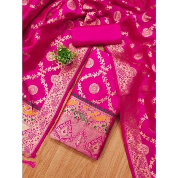 Women's Banarasi Silk Printed Unstitched Salwar Suit Material With Dupatta (Pink, 3Mtrs) - Image 4