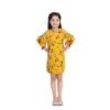 Girl's Polyester Crepe Floral Printed Long Sleeve Round Neck Dress (Yellow)