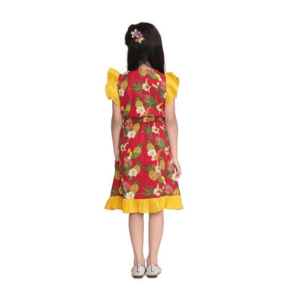 Girl's Cotton Printed Cold Shoulder V-Neck Dress (Pink) - Image 3