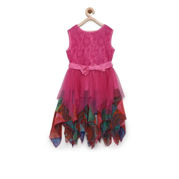 Girl's Polyester  Net Floral Printed Sleeveless Round Neck Dress (Multicolor) - Image 4