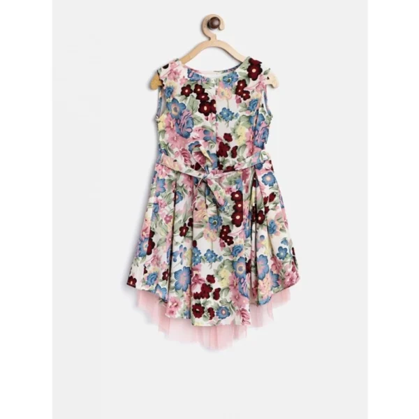 Girl's Polyester Crepe Printed Short Sleeve Round Neck Dress (Multicolor) - Image 4