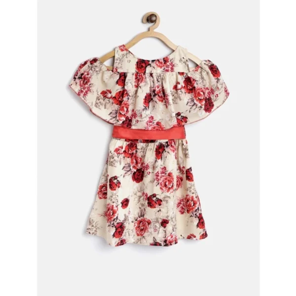 Girl's Polyester Crepe Printed Short Sleeve Cold Shoulder Neck Dress (Cream-Red) - Image 4