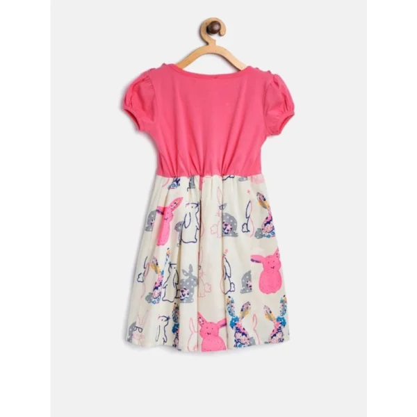 Girl's Cotton Printed Short Sleeve Round Neck Dress (Pink-White) - Image 3