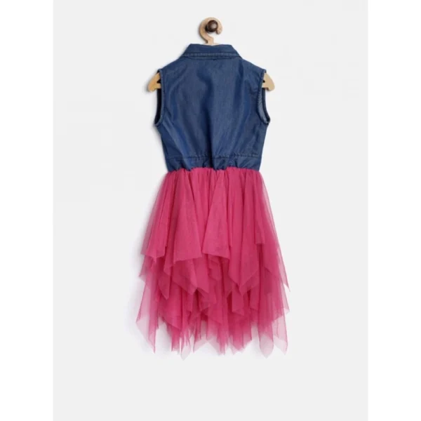 Girl's Polyester Crepe-Net Solid Shoulder Straps Shirt collar Dress (Blue-Pink) - Image 4