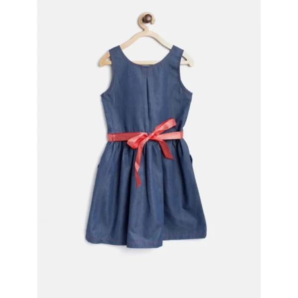 Girl's Denim Solid Sleeveless Round Neck Dress (Blue) - Image 4