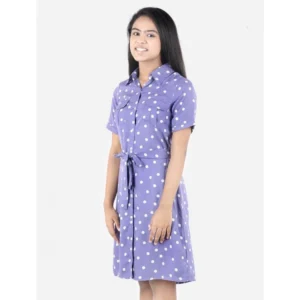 Girl's Polyester Printed Short Sleeve Shirt collar Dress (Lavender)