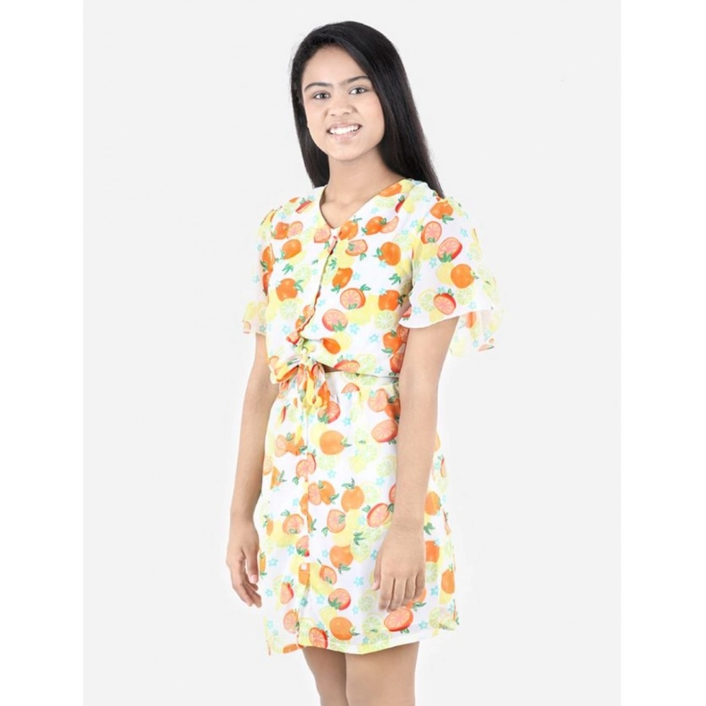 Girl's Polyester Printed Short Sleeve V-Neck Dress (Yellow-Orange)