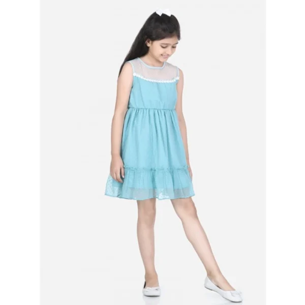 Girl's Polyester Dobby Floral Printed Sleeveless Round Neck Dress (Blue) - Image 3