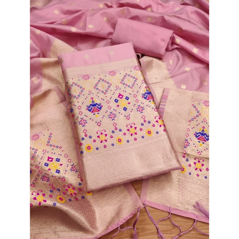 Women's Banarasi Silk Printed Unstitched Salwar Suit Material With Dupatta (Light Pink, 3Mtrs)