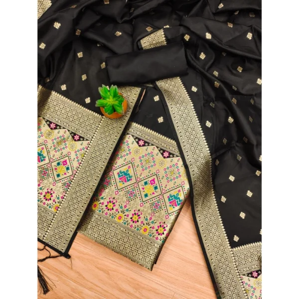 Women's Banarasi Silk Printed Unstitched Salwar Suit Material With Dupatta (Black, 3Mtrs) - Image 4