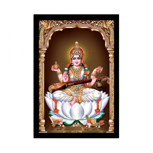 Saraswati Maa Painting with Synthetic Photo Frame (Multicolor)