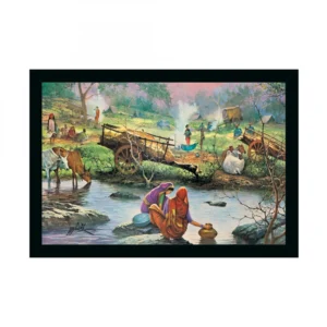 Rajasthani Village Modern Art Painting with Synthetic Photo Frame (Multicolor)