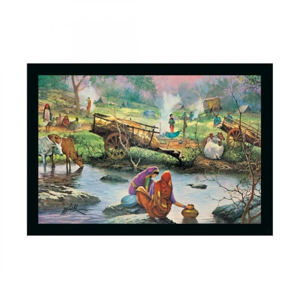 Rajasthani Village Modern Art Painting with Synthetic Photo Frame (Multicolor)