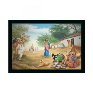 Rajasthani Village Modern Art Painting with Synthetic Photo Frame (Multicolor)