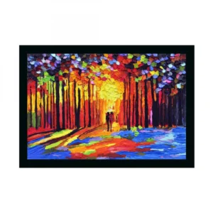 Couple Walk In Forest Scenery Painting with Synthetic Photo Frame (Multicolor)