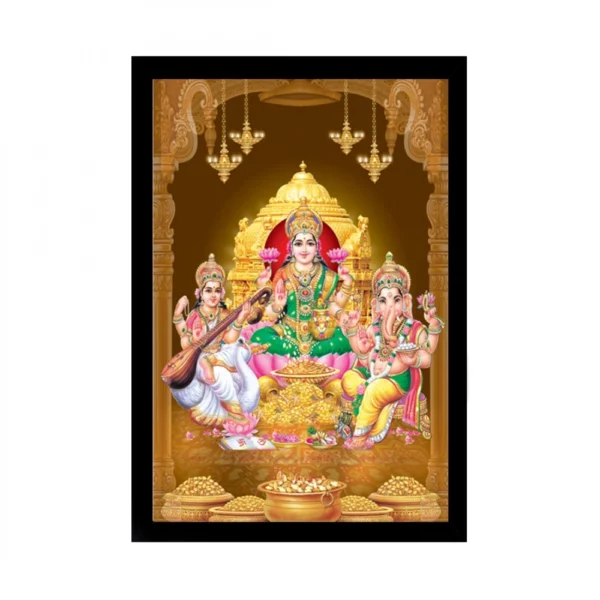 Laxmi Ganesh Saraswati Painting with Synthetic Photo Frame (Multicolor)