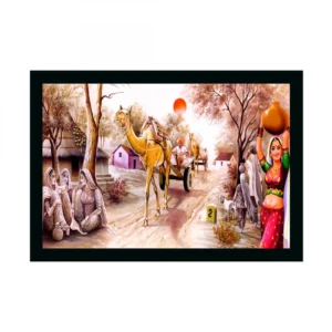 Rajasthani Village Modern Art Painting with Synthetic Photo Frame (Multicolor)