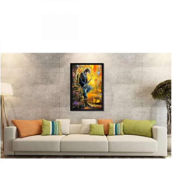 Boy Playing Saxophone Modern Art Painting with Synthetic Photo Frame (Multicolor) - Image 2