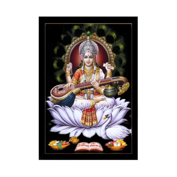 Saraswati Maa Painting with Synthetic Photo Frame (Multicolor)