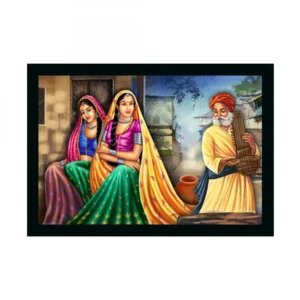 Rajasthani Village Modern Art Painting with Synthetic Photo Frame (Multicolor)