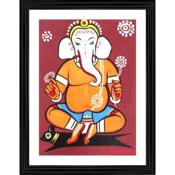 Ganesh Painting With Wood Photo Frame (Multicolor)