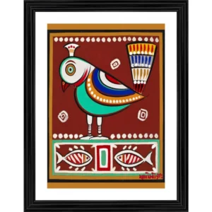 Bird and Fishes Painting With Wood Photo Frame (Multicolor)
