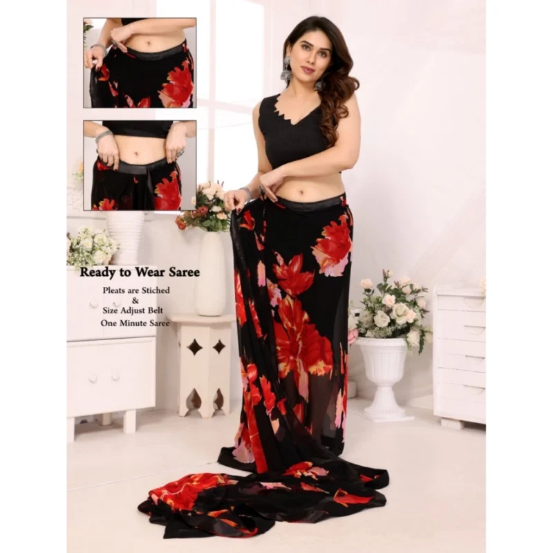 Alternative view of Women's Small Lace Georgette Printed Ready-to-Wear Saree With Unstitched Blouse 5.5 Mtr (Black-Red)