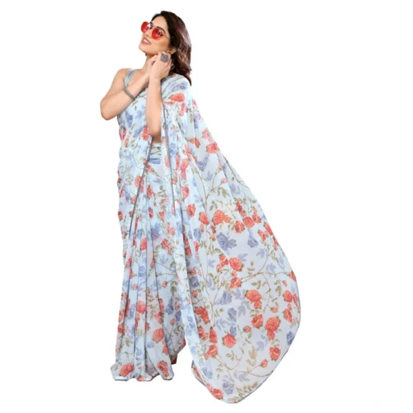 Women's Small Lace Georgette Printed Ready-to-Wear Saree With Unstitched Blouse 5.5 Mtr (Sky Blue) - Image 3