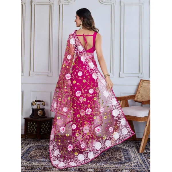 Women's Soft Net Thread Embroidery Saree With Unstitched Blouse 5.5Mtr (Dark Pink) - Image 2