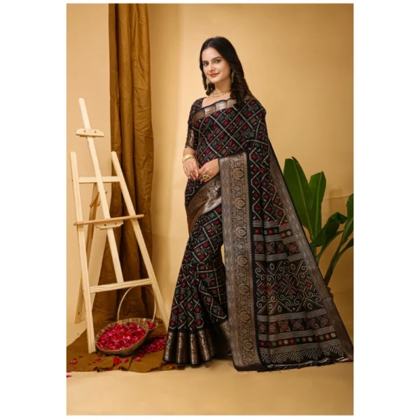 Women's Soft Dola Cotton Kalamkari Printed Saree With Unstitched Blouse 5.5Mtr (Black) - Image 4