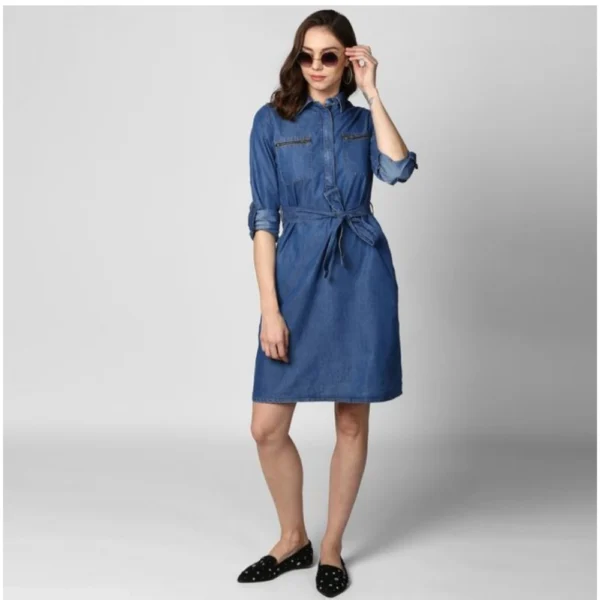 Women's Denim Solid Collar Neck Roll Up Sleeve Dress (Blue) - Image 3