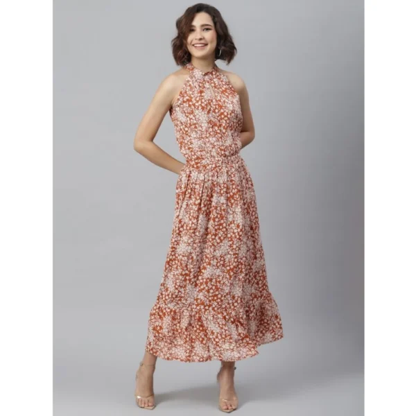 Women's Polyester Printed Halter Neck Sleeveless Dress (Rust)
