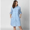 Women's Denim Solid Collar Neck Roll Up Sleeve Dress (Blue)