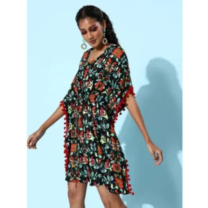 Women's Polyester Moss Printed Round Neck Kaftan Sleeve Dress (Multicolor)