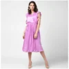 Women's Polyester Pleated V-Neck Flutter Dress (Lavender)