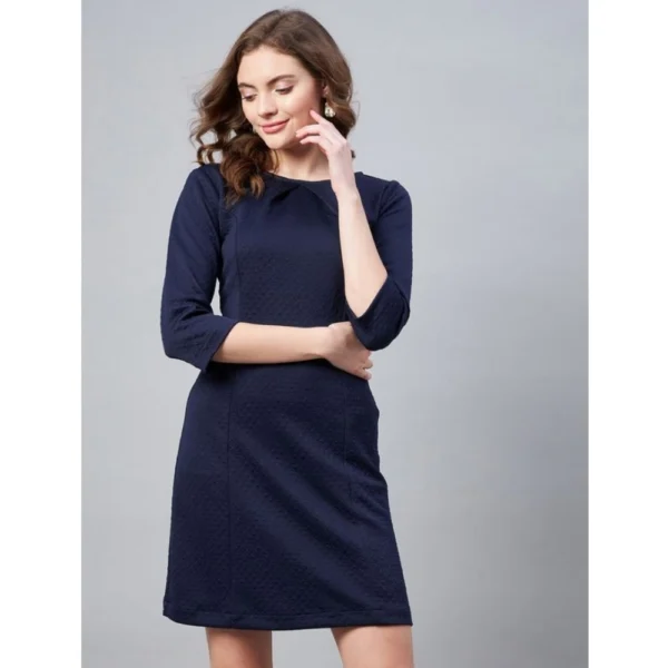 Women's Polyester Jacquard Self Design Round Neck 3/4th Sleeves Dress (Navy) - Image 3