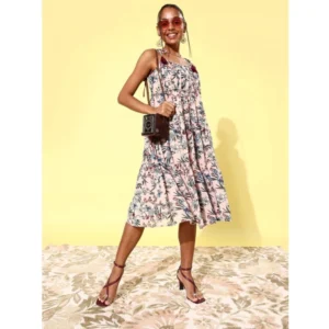 Women's Georgette Floral Square Neck Sleeveless Dress (Peach)