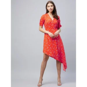 Women's Polyester Floral V-Neck Short Sleeve Dress (Orange)