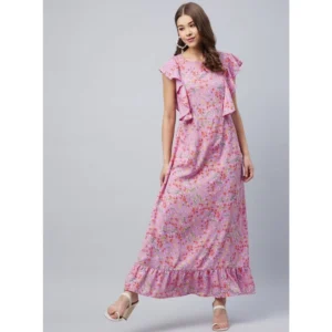 Women's Polyester Floral Round Neck Flutter Dress (Lavender)