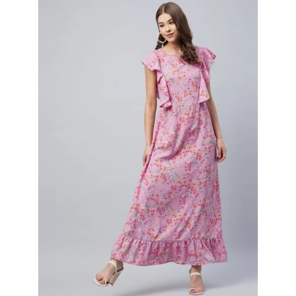 Women's Polyester Floral Round Neck Flutter Dress (Lavender)