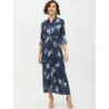 Women's Rayon Floral Collar Neck Long Sleeves Dress (Blue)
