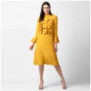 Women's Polyester Ruffled Close Neck Long Sleeves Dress (Yellow)