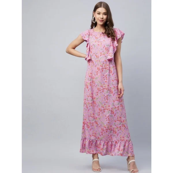 Women's Polyester Floral Round Neck Flutter Dress (Lavender) - Image 4