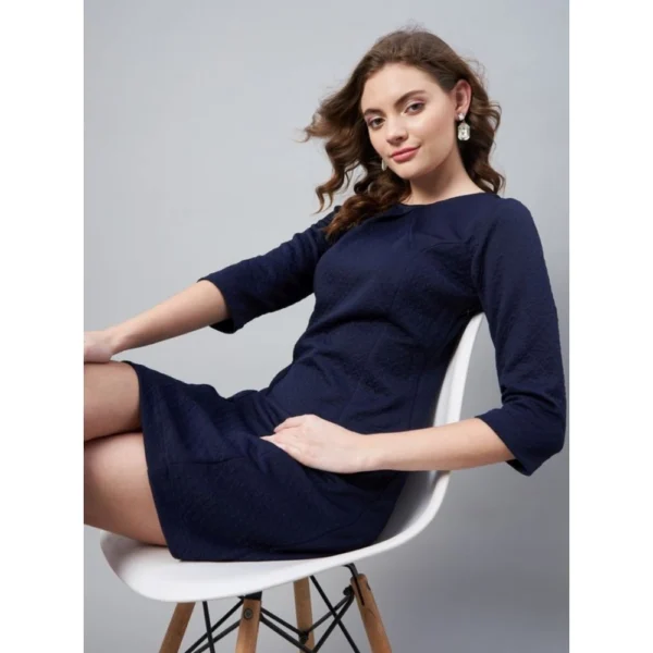 Women's Polyester Jacquard Self Design Round Neck 3/4th Sleeves Dress (Navy) - Image 4