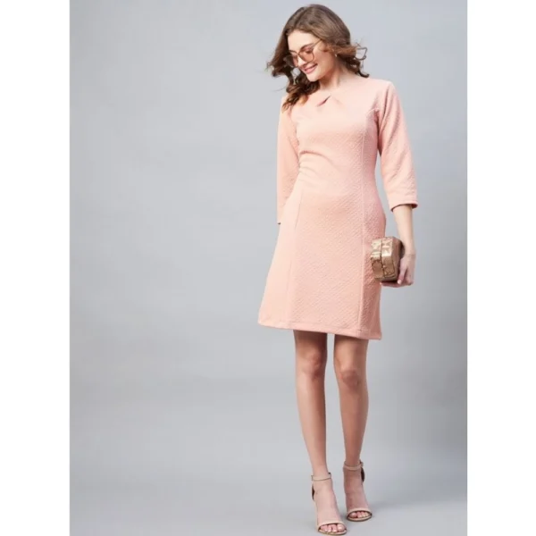 Women's Polyester Jacquard Self Design Round Neck 3/4th Sleeves Dress (Pink) - Image 3